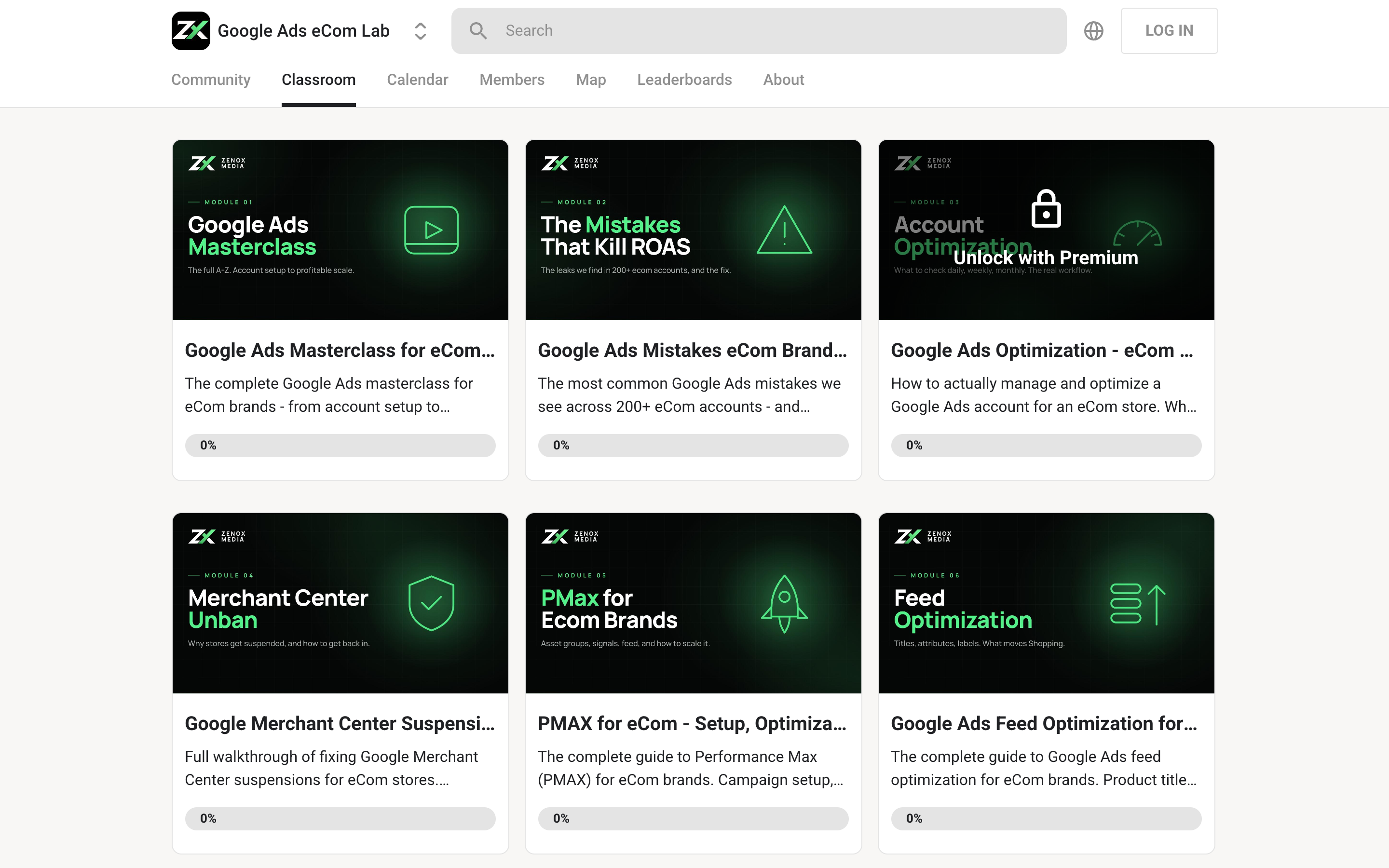The classroom inside the Google Ads eCom Lab, showing the course modules members work through.