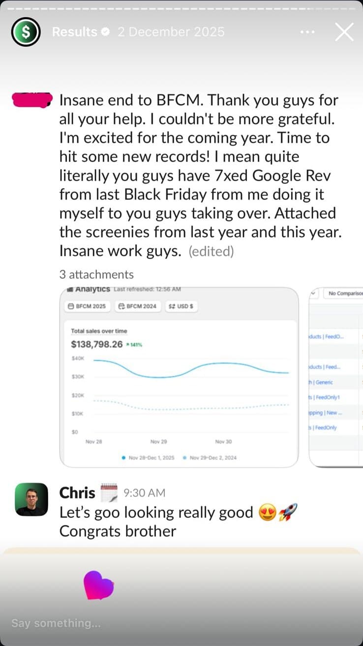 Slack ping with a sales chart: Black Friday total sales of $138,798.26, up 141% on the same days last year