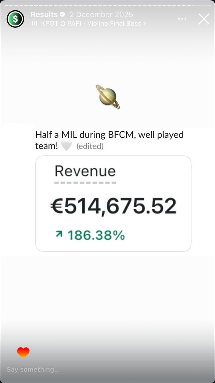 Revenue card: €514k BFCM, +186% YoY