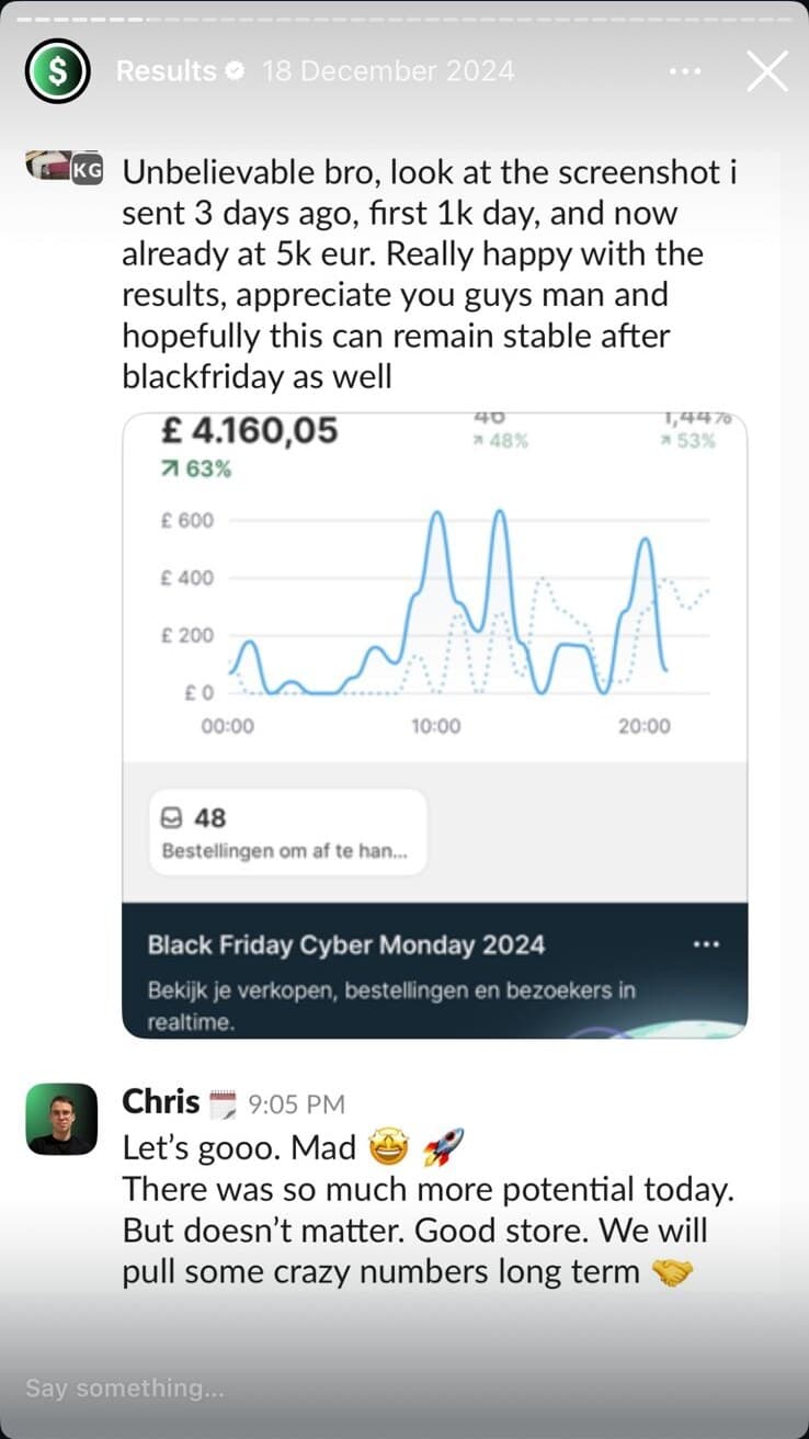 Slack thread: account growth from $1k to $5k day in three days